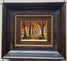 Cadre Emaux de Limoges signé F.J CARMONA - vintage- Allée d'arbres près du canal