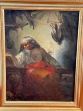 Tableau XIXème sorcière magie huile sur toile scène sorcellerie ésoterisme