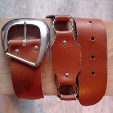 Large ceinture vintage en cuir marron pour femme boucle arrondie argentée T80