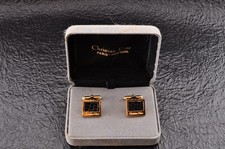 Boutons de manchette carrés "Christian Dior" couleur or et motif peau noire m...