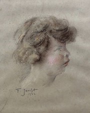 Portrait d'enfant, Dessin ancien signé F. Jousset 1932, Pastel, XXe