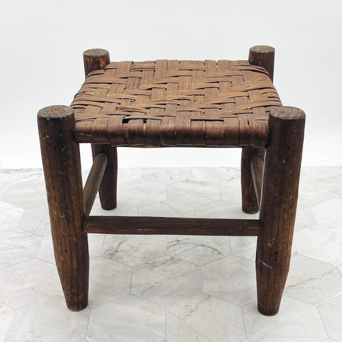 Vtg handmade wood stool woven - vtg,