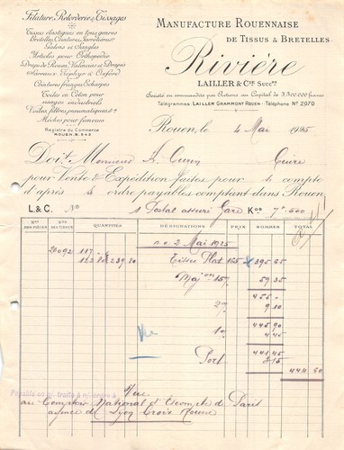 Facture 1925 tissus - ,