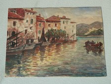 TABLEAU AQUARELLE ANCIENNE PORT DE PÊCHE MARINE PROVENCE MARTIGUES (?)