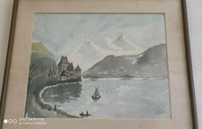 WATERCOLOR PAINTING "CASTLE ON LANDSCAPE" PEINTURE AQUARELLE" CHATEAU SUR PAYSAG