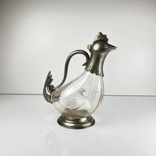 Aiguière Art Déco coq vintage 1930-50 en verre moulé et étain, carafe zoomorphe