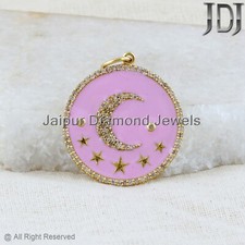 Naturel Diamant Pavé 925 Argent Sterling Rose Émail Étoile Lune Charme Pendentif