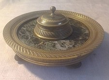 ENCRIER ROND EN MARBRE VERT ET BRONZE COMPLET DE STYLE  NAP III COMPLET