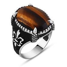Bague Chevalière Homme Femme Argent massif 925 Pierre Oeil de Tigre Fleur Lys