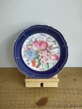 Assiette En Porcelaine De Limoges Bleu / Doré Fleurs Colorées - Vintage