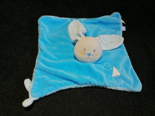 Doudou plat lapin bleu velours - lapin,