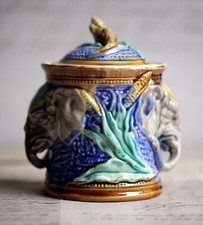 Antique Tobacco Pot with Elephants Majolica French Barbotine Frie Onnaing 179