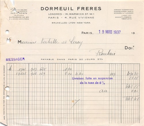 Facture 1937 dormeuil freres - 1937,