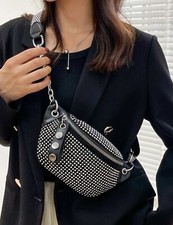 Sac Banane Clouté Scintillant Femme Noir En Simili Cuir Sacoche Réglable Zippé