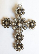 Croix  argent massif  perles 19e  bijou normand régional silver pearl cross cruz