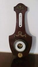 Ancien Baromètre + Thermomètre émaillé Haut. 50 cm Art Déco Support Bois Mural