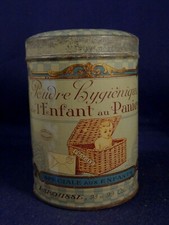 Vintage antique tin box advertising child baby in basket Hygienic powder Talc 30