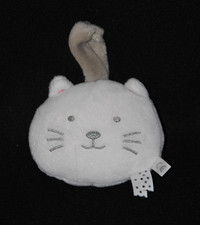 Peluche doudou tête de chat blanc gris scratch grelot 8 cm TTBE