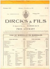 BORDEAUX (33) VINS Grands Crus "DIRCKS & FILS" Tract TARIFS en 1924