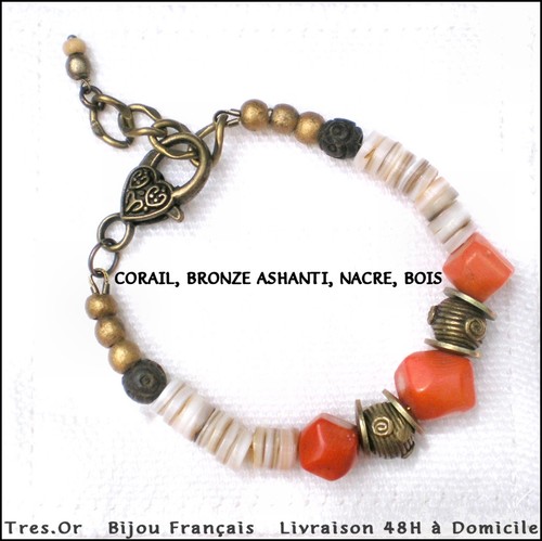Bracelet bronze ashanti - bronze, corail