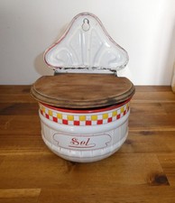 ANCIENNE BOITE A SEL METAL EMAILLE ET BOIS