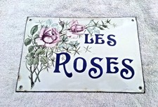 Ancienne plaque tole emaillee bombée de villa les roses 30x20cm