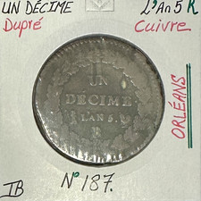 1 DECIME DUPRE - L'AN 5 R - Pièce de Monnaie en Cuivre // TB