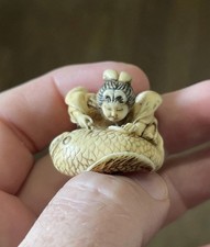 Superbe Netsuke Matière Noble XIX EME Femme Poisson Japon Meiji / Edo Okimono