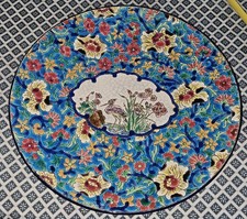 Ancien GRAND PLAT EN EMAUX DE LONGWY héron cigogne 32 cm