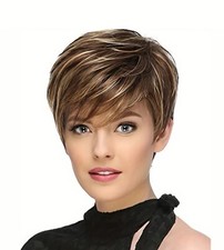 Perruque Synthétique Pixie Brun Châtain Clair Femme Court Lisse Frange +4 Bonnet