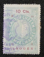 TIMBRE DE SUISSE : KANTON LUZERN - STEMPELMARKE 10 CTS 1/4 BOGEN VERT PÂLE Obli.