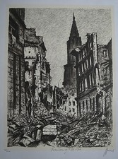 Lithographie  BOMBARDEMENT STRASBOURG 1944   Signé JACQUES GACHOT