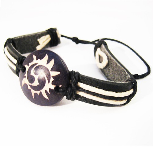 Bracelet cuir ethnique perle - bracelet,
