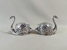 Paire Salerons, Salières Argent Figurant des Cygnes, XIXe, Avec leurs Verrines