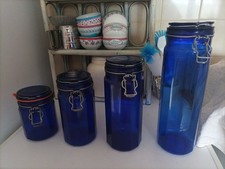 Vintage, Ancien Lot De 4 Pots A Pâtes,  en Fil De Verre. Bleu Colbalt. Fermeture