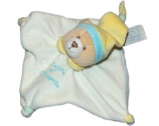 Doudou et Compagnie Mini doudou ours Acidule plat blanc bleu bonnet jaune 16 cm