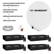 Kit Parabole Sat Fibre 85cm + 4 Décodeurs THS 806 TNTSAT + LNB Quad + Câble coax