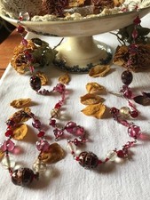 Collier sautoir + bracelet anciens perles verre Murano rose rouge