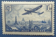 France neuf poste aérienne n°9, 1F50 bleu, avion survolant Paris, 1936, N*
