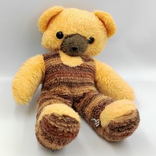 Ancienne peluche ours beige marron rouge salopette AJENA  - 32644