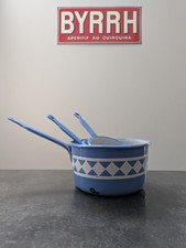 ancienne série 3 casseroles tôle émaillée bleu blanche 1900 lustucru