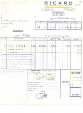 MARSEILLE (13) DISTILLERIE / Société "RICARD" Facture en 1960