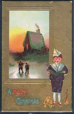 AG177 CHRISTMAS Xmas BOY TEDDY BEAR HORN LANSCAPE in FRAME GOLD Embossed 1908