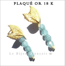 Plaqué Or 18K & Aigue Marine Boucles d'Oreille Bijou Français