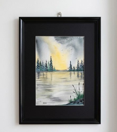 Aquarelle paysage lac arbres - aquarelle,