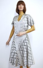 Vintage 1940s Grey Jacquard Satin Flared Evening Dress Size 4 Handmade in USA