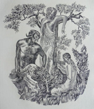 Albert DECARIS Gravure originale au burin c1950 Minotaure flûte musique