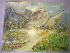 ANCIENNE BEL PEINTURE HUILE NAIVE PAYSAGE MONTAGNE en ETE CHALET signé ROUSSEL M