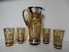 SERVICE CARAFE + 4 VERRES CRISTAL SOUFFLE VENISE MURANO SUPERBE DECOR  ARGENT 