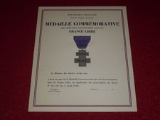 [Coll.J.DOMARD] RARE DIPLOME VIERGE MEDAILLE SERVICES VOLONTAIRES FRANCE LIBRE